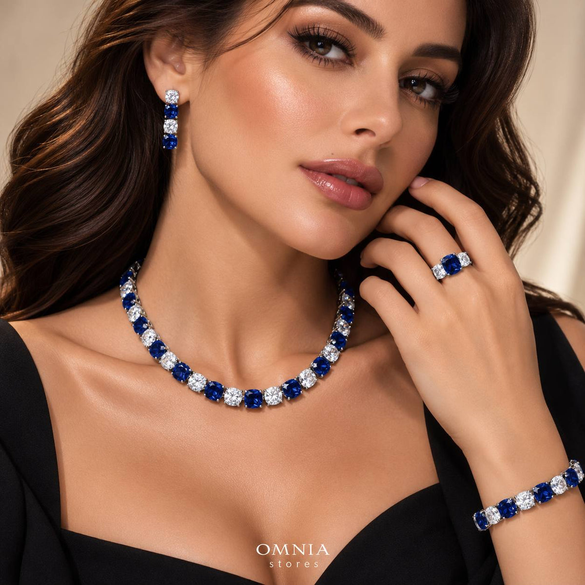 طقم زفاف أمنية عليا الكامل باللون الأزرق الداكن مرصع بالألماس المحاكى عالي الجودة ومطلي بالروديوم عالي الجودة