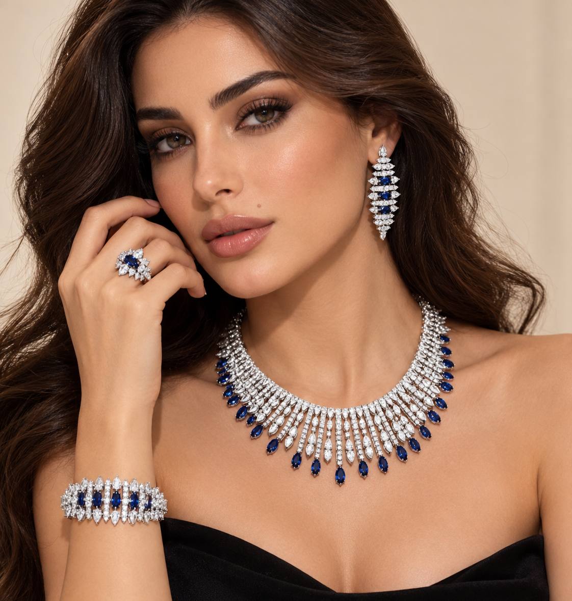 Omnia Lana Blue Bridal Full Set in High Quality Zircon Stone Premium Rhodium Plated