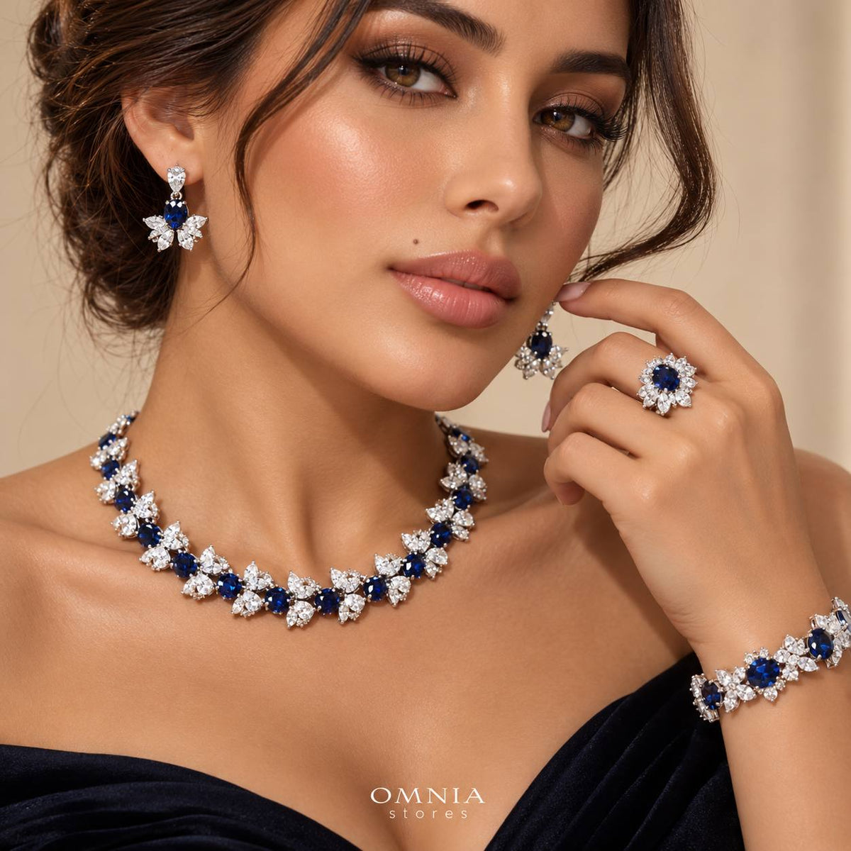Omnia Muna Blue Bridal Full Set in High Quality Simulated Diamonds Premium Rhodium Plated