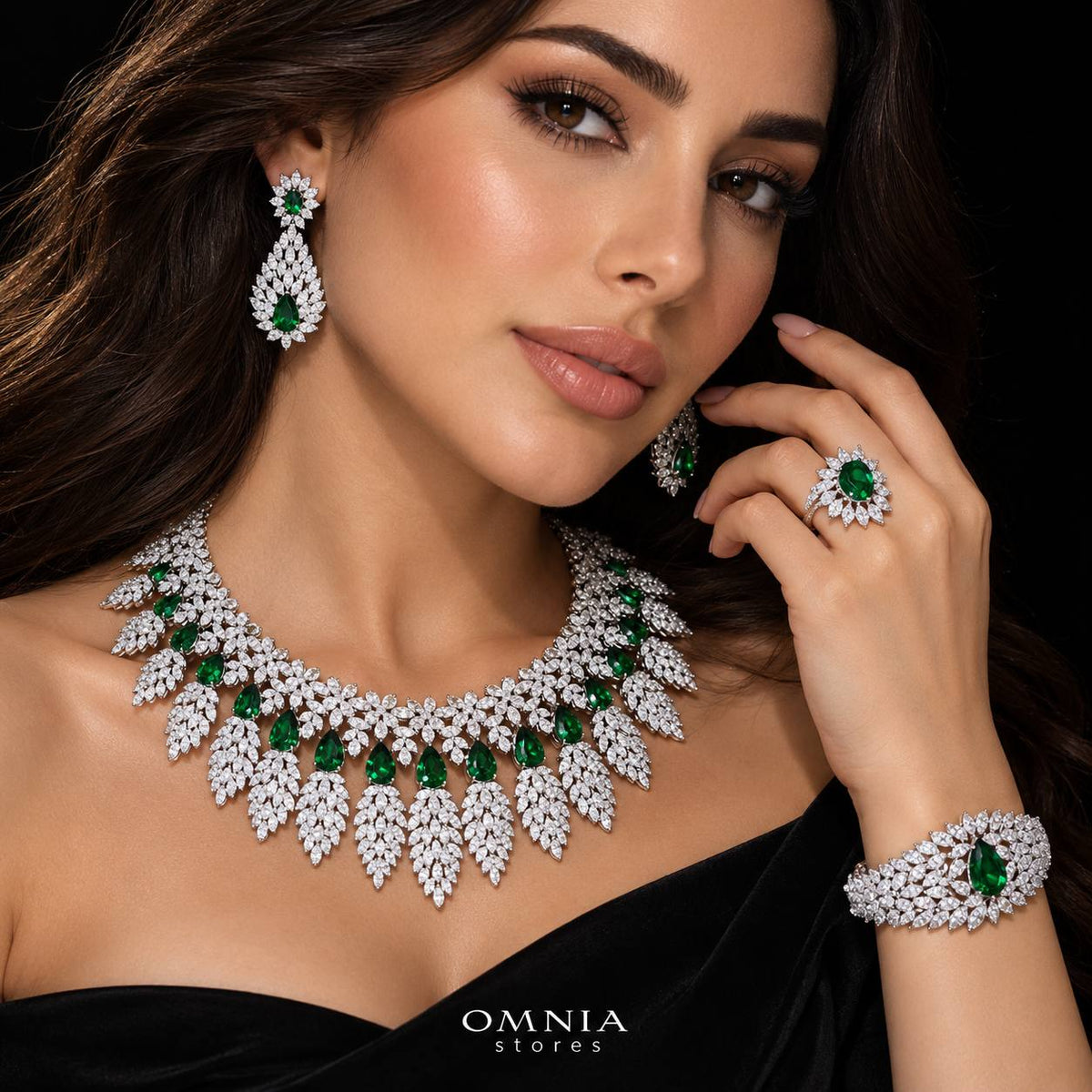طقم زفاف أمنية أسرار الكامل باللون الأخضر مرصع بأحجار الزركون عالية الجودة ومطلي بالروديوم عالي الجودة