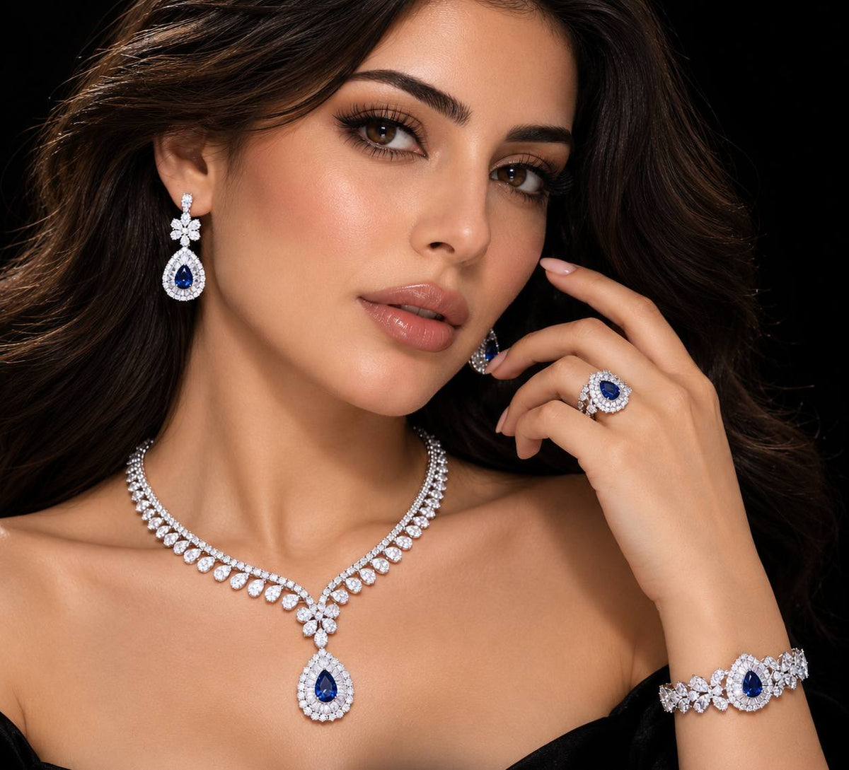 Omnia Valerie Blue Luxury Bridal Full Set in High Quality Zircon Stone Premium Rhodium Plated