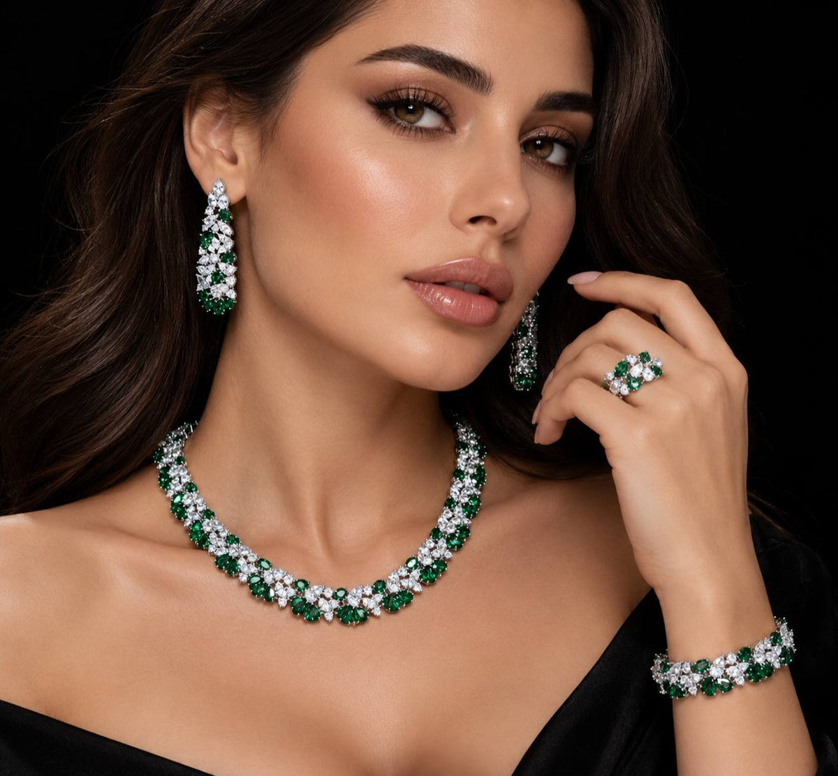 Omnia Safira Green Luxury Bridal Full Jewelry Set with High Quality Zircon Stone Premium Rhodium Plated