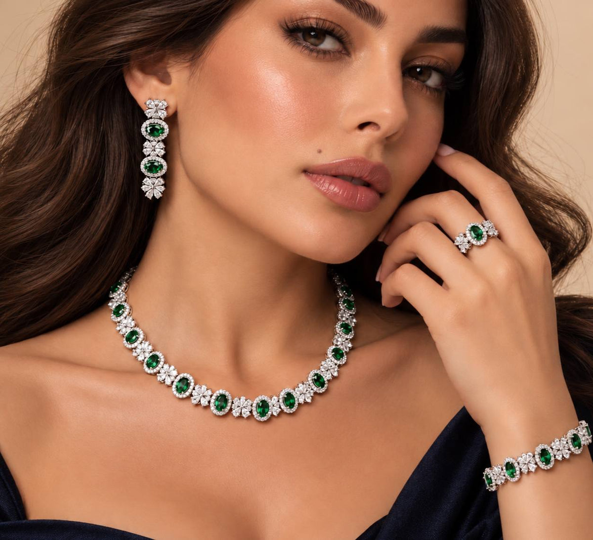 Omnia Mira Green Bridal Full Set in High Quality Zircon Stone Premium Rhodium Plated