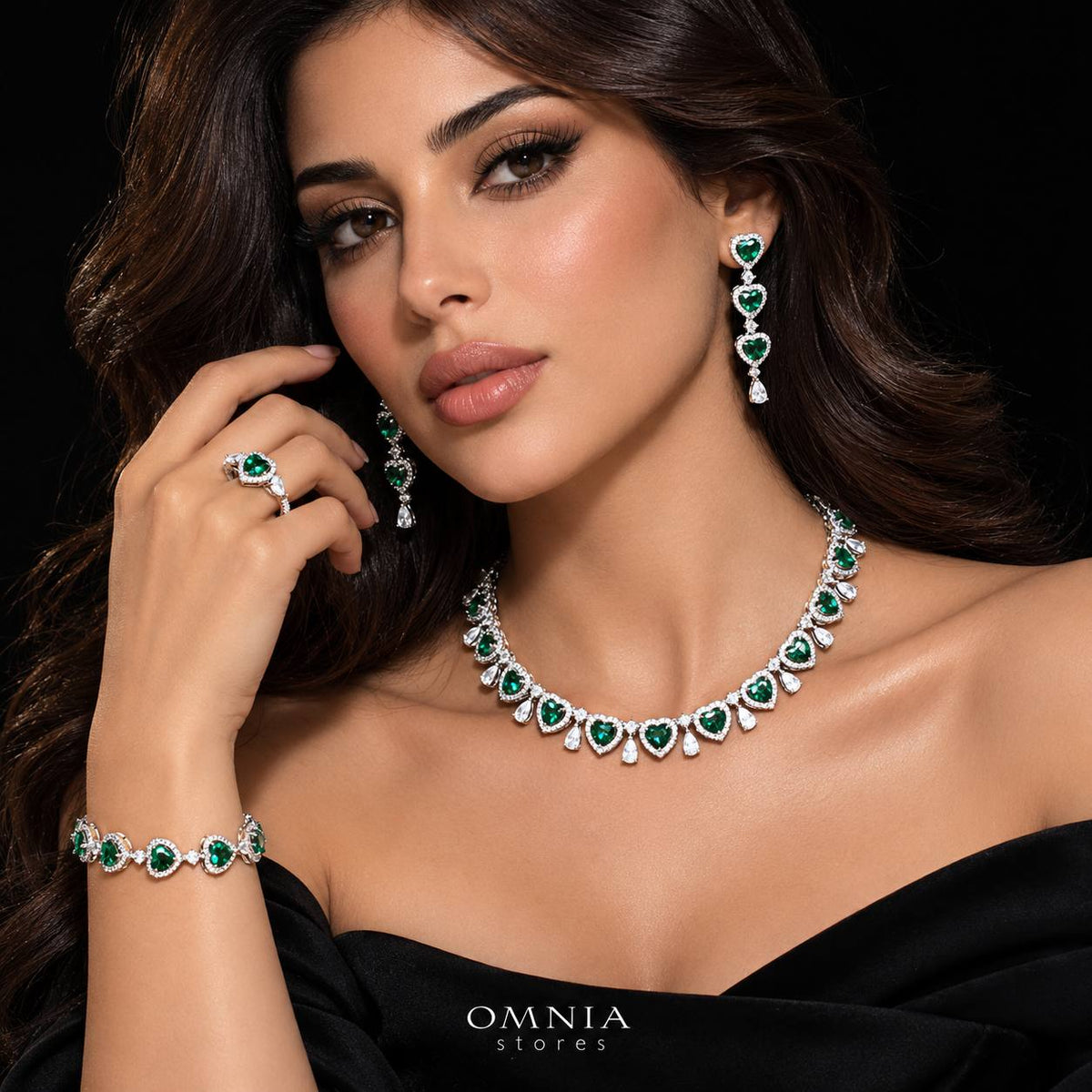طقم زفاف أمنية تالينا الكامل باللون الأخضر مرصع بأحجار الزركون عالية الجودة ومطلي بالروديوم عالي الجودة
