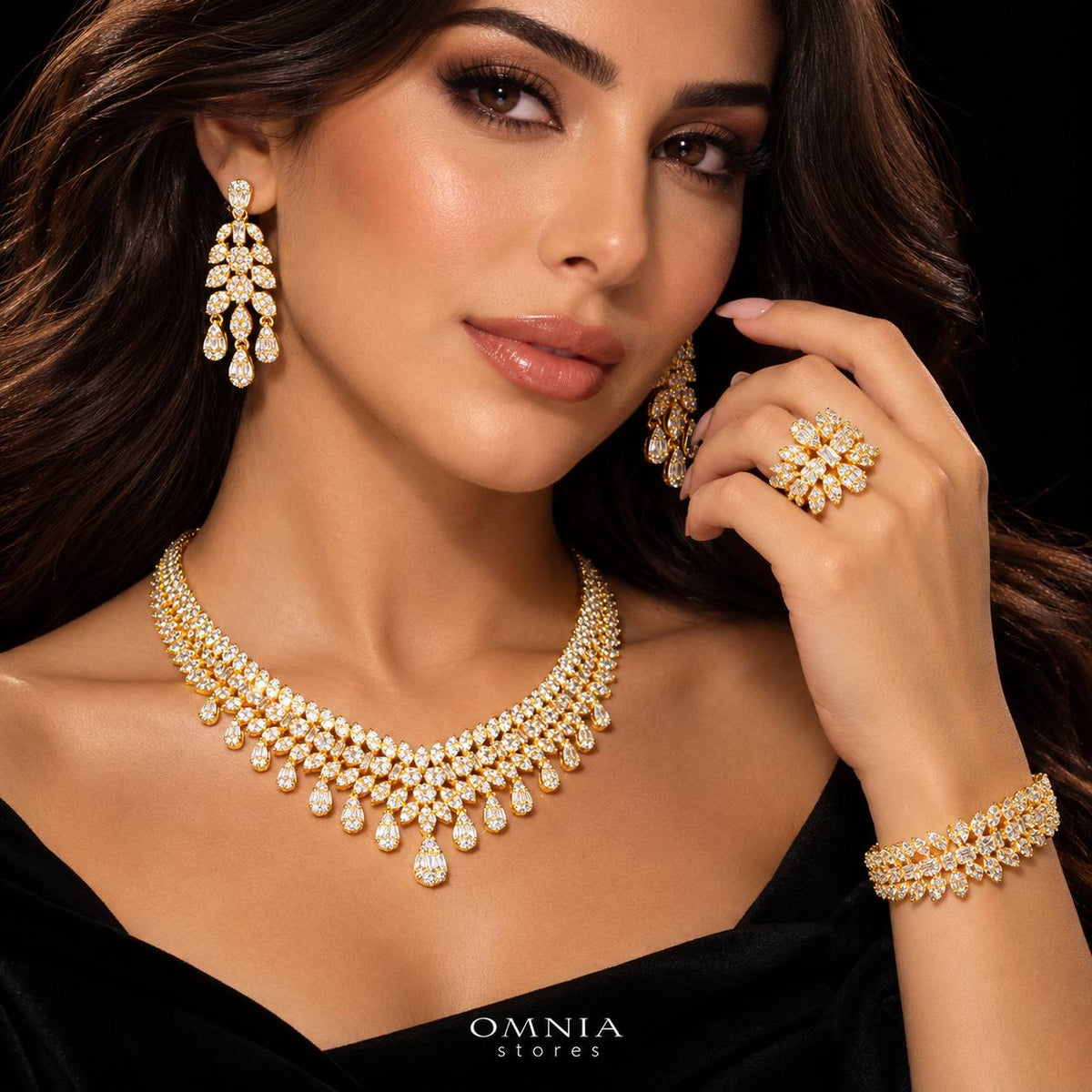 طقم زفاف أمنية سيما الكامل باللون الذهبي مرصع بأحجار الزركون عالية الجودة ومطلي بالروديوم عالي الجودة