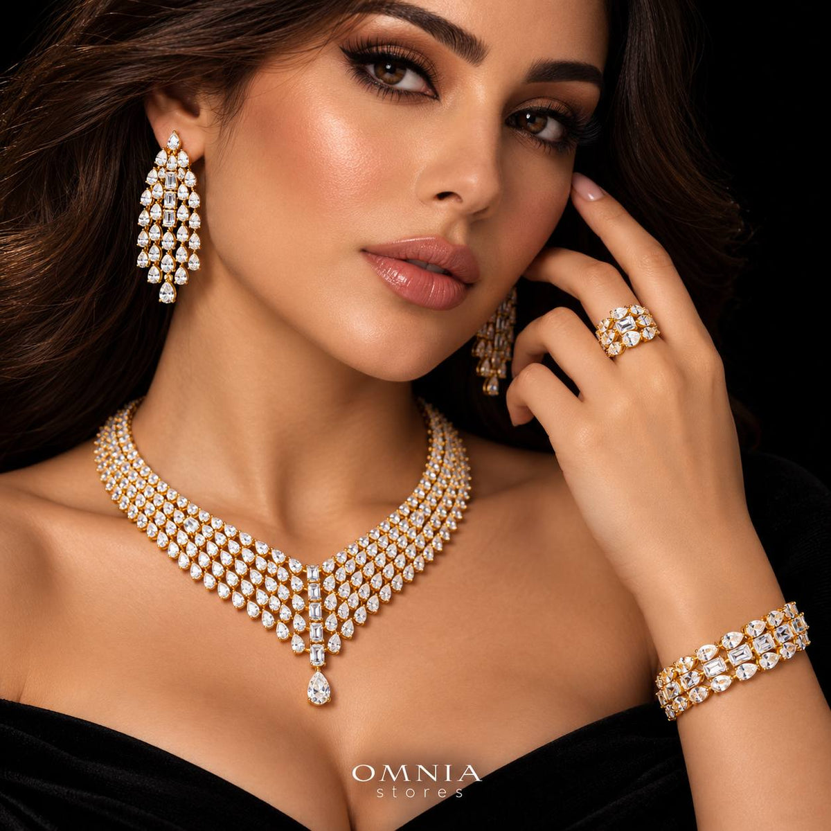 طقم زفاف أمنية كارينا الكامل باللون الذهبي مرصع بأحجار الزركون عالية الجودة ومطلي بالروديوم عالي الجودة
