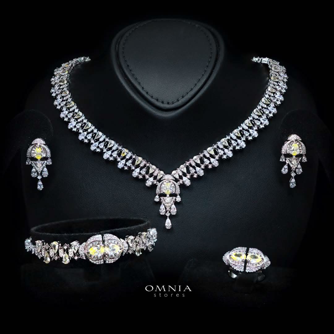 Omnia Rafi Yellow Bridal Full Set with Elegant White and Simulated Diamonds in High-Quality Rhodium Plated Finish