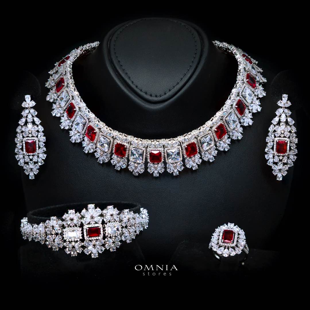 Omnia Avelia Red and White Luxury Bridal Choker Full Set in High Quality Rhodium Plated Zircon Stones - OMNIASTORES UAE