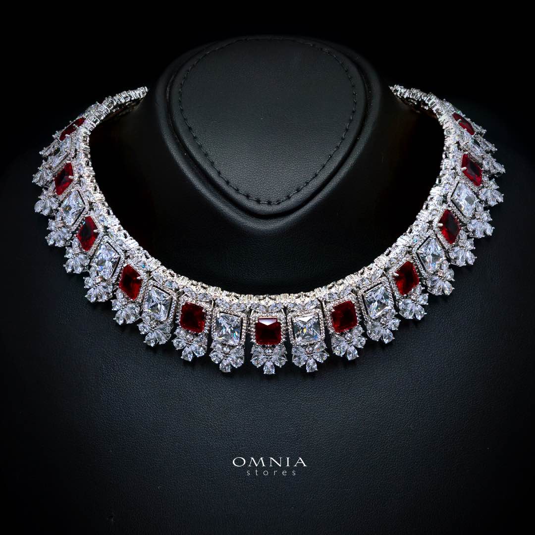 Omnia Avelia Red and White Luxury Bridal Choker Full Set in High Quality Rhodium Plated Zircon Stones - OMNIASTORES UAE