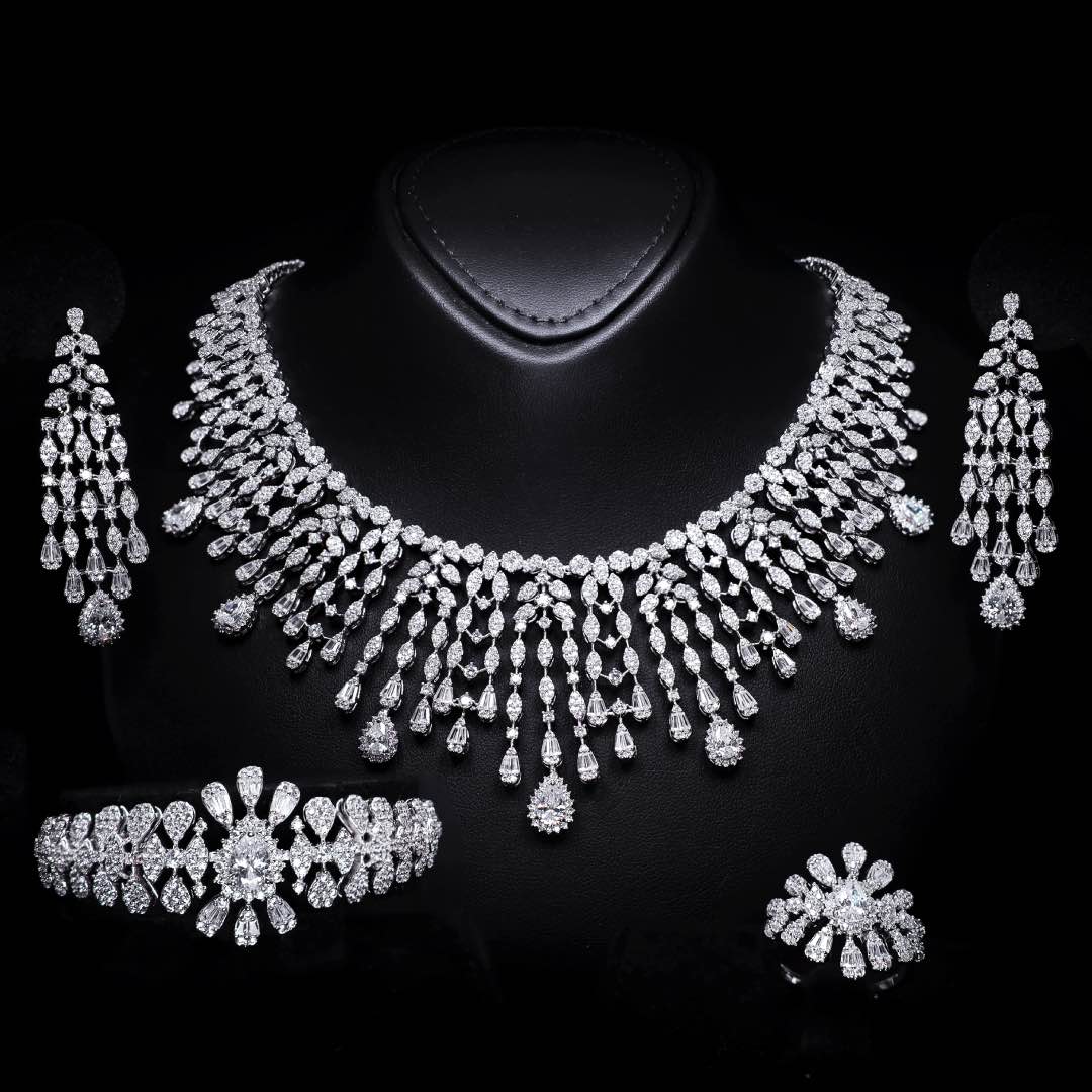 Omnia Adila White Luxury Bridal Full Set in High Quality Zircon Stone in Rhodium Plated