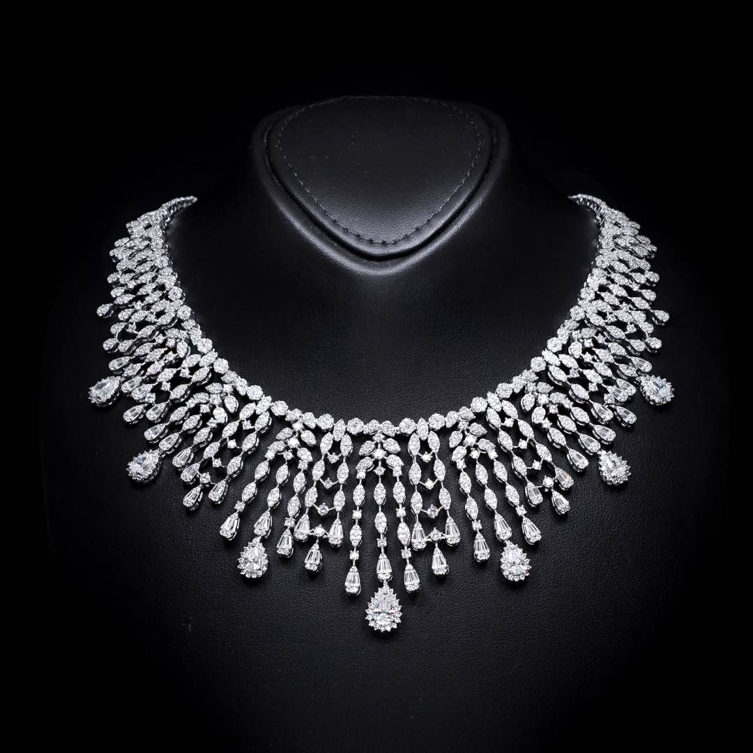 Omnia Adila White Luxury Bridal Full Set in High Quality Zircon Stone in Rhodium Plated