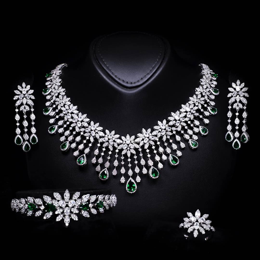 Omnia Anoud Green Luxury Bridal Choker Full Set in High Quality Rhodium Plated Zircon Stones (18cm only available in KSA)
