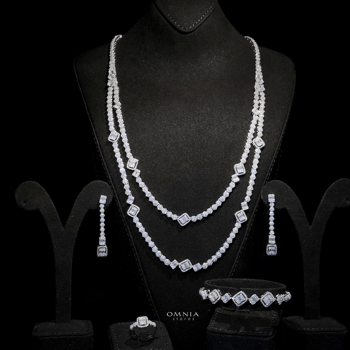 Omnia Thekra Bridal White Long chain Set Accessories High Quality Zircon Stone In Rhodium Plated - OMNIASTORES UAE