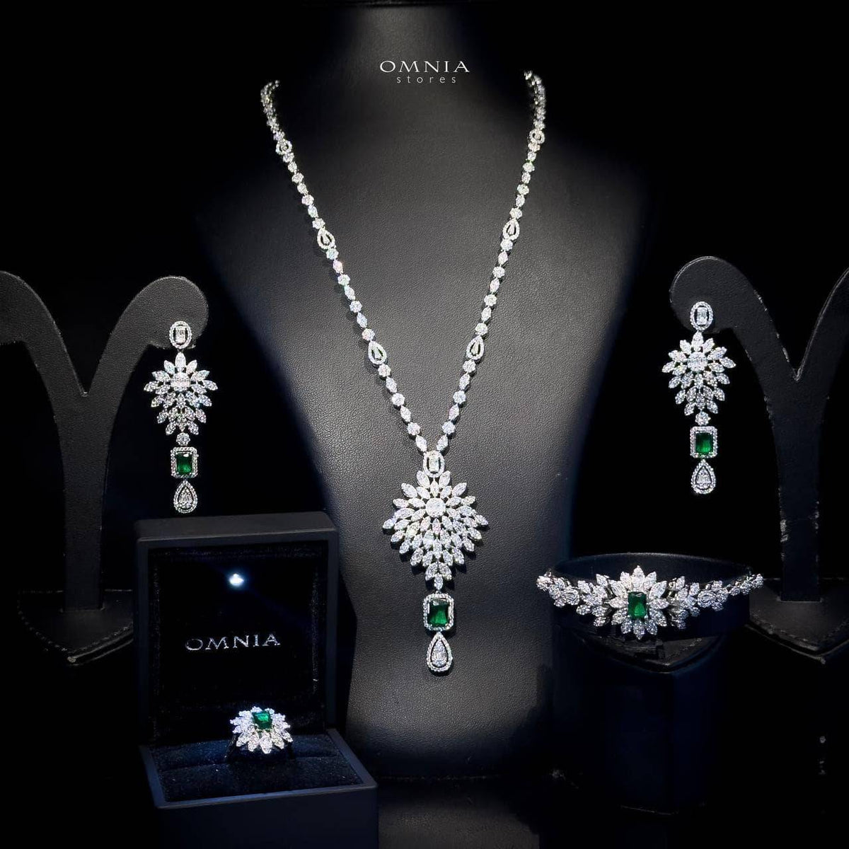 Omnia Duha Green Long chain Full Accessories in High Quality Zircon Stone Rhodium Plated - OMNIASTORES UAE