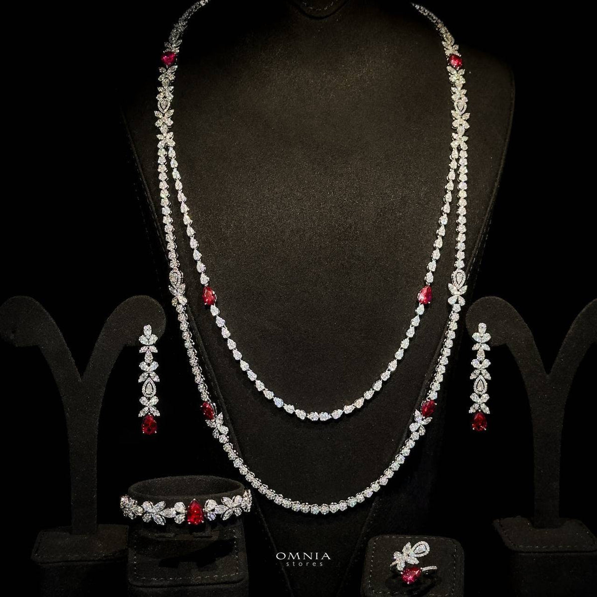 Omnia Yaza Bridal Red Long chain Set High Quality Zircon Stone In Rhodium Plated (only available in KSA)