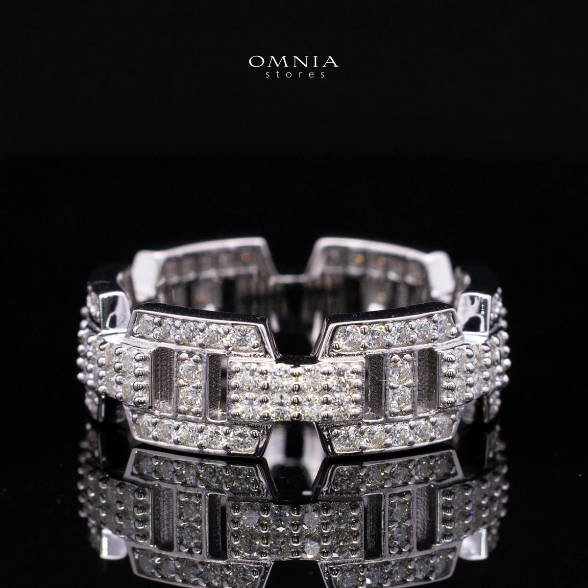 Alessia White Moissanite Modern Chain-Link Stone-Set Ring – Rhodium-Plated 925 Sterling Silver