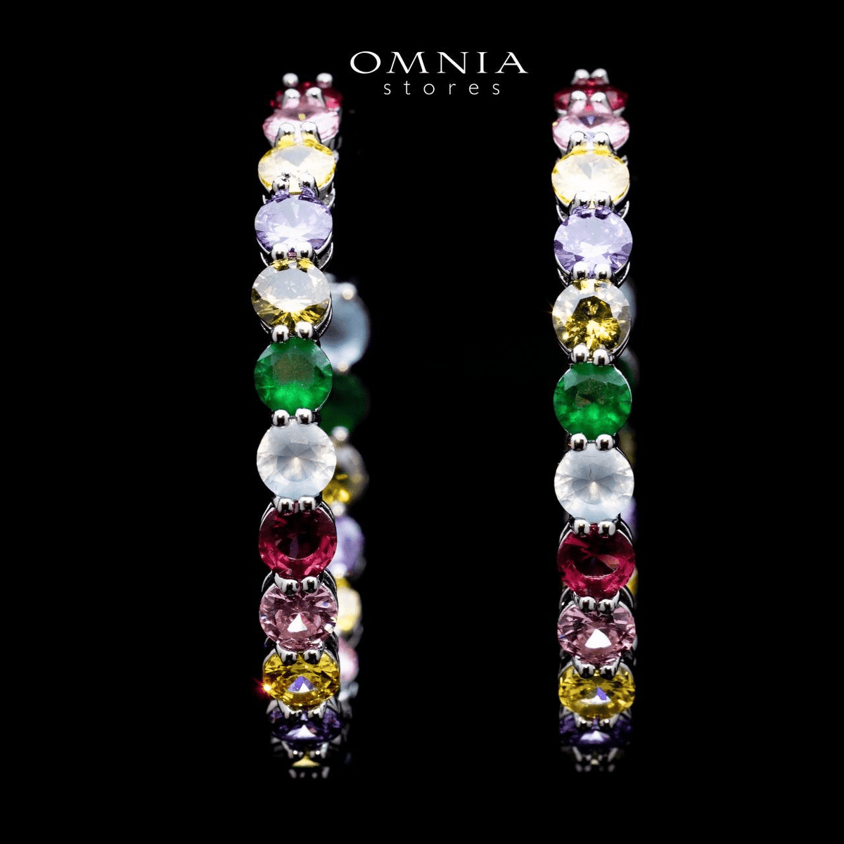 Omnia Rina Multi Color Radiant Crystal Hoop Earrings in High Quality Zircon Stone Rhodium Plated - OMNIASTORES UAE