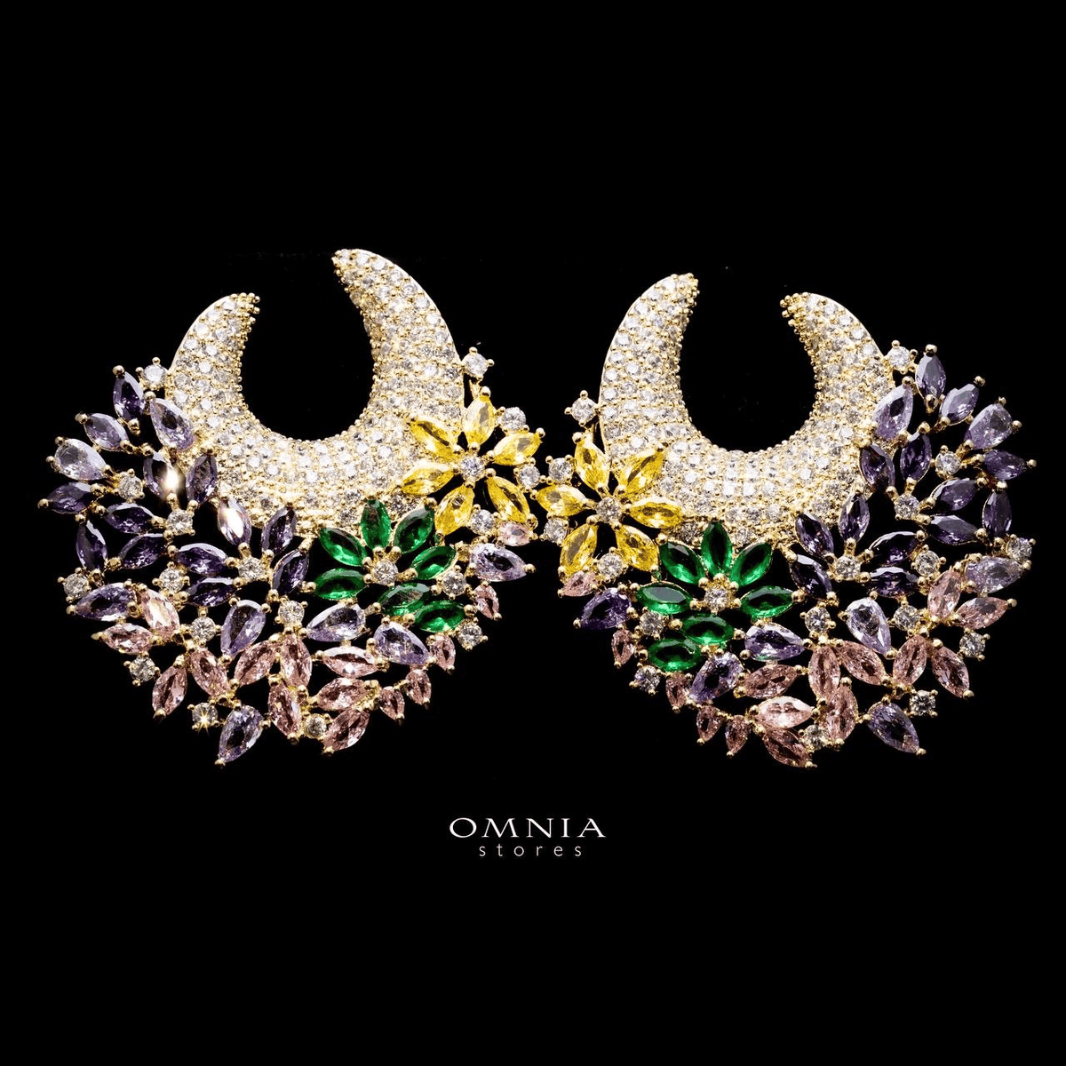 Omnia Layla Golden Floral Crescent Hoop Earrings with Multicolor Zircon Accents in High Quality Zircon Stone Rhodium Plated - OMNIASTORES UAE