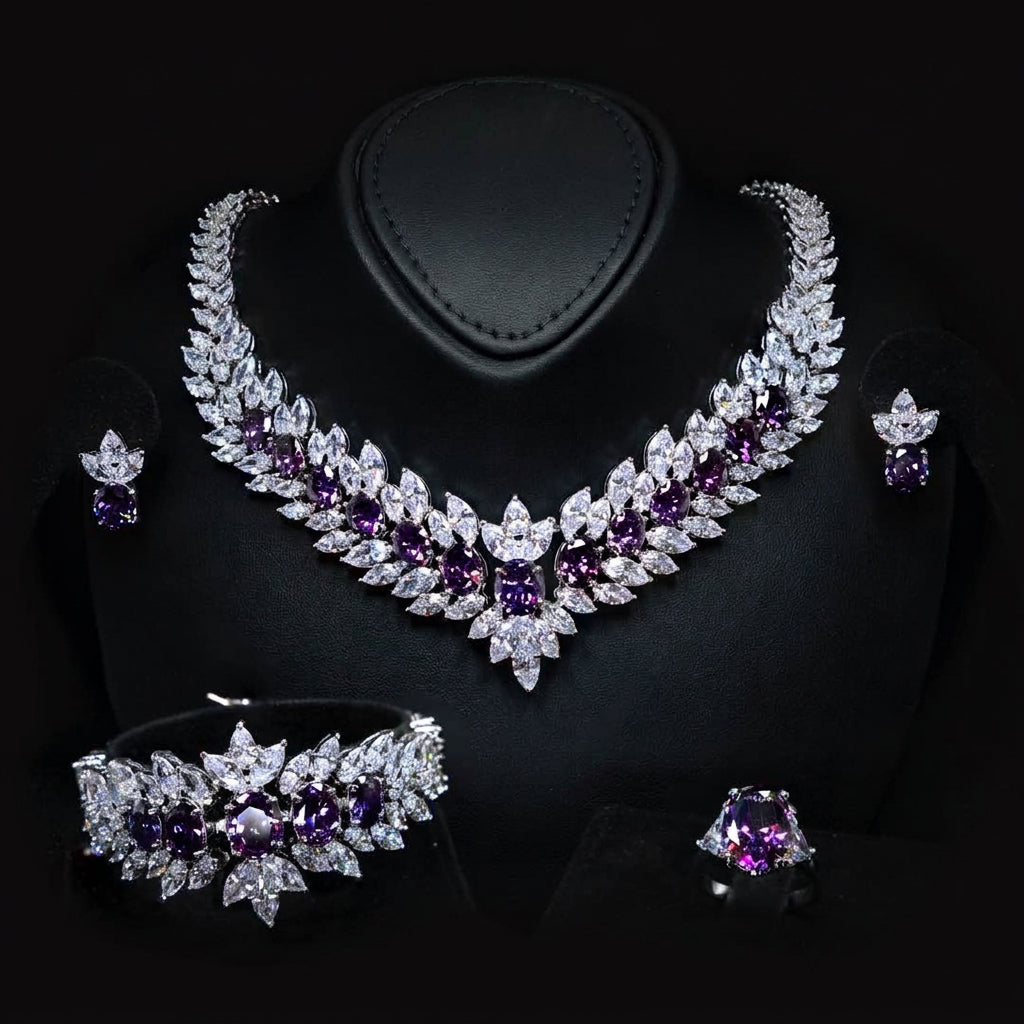Omnia Buthaina Purple Bridal Full Set High Quality Simulated Diamonds Premium Rhodium Plated