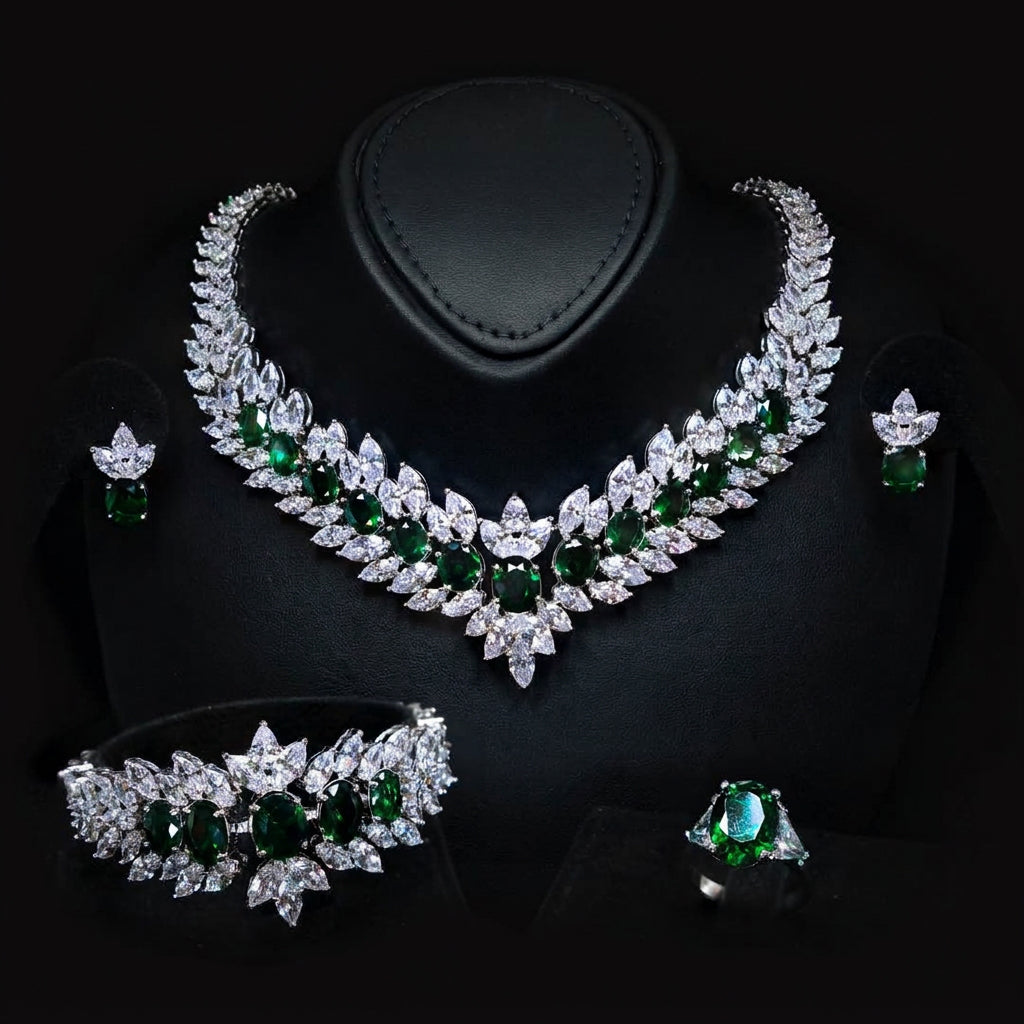 Omnia Buthaina Green Bridal Full Set High Quality Simulated Diamonds Premium Rhodium Plated - OMNIASTORES UAE