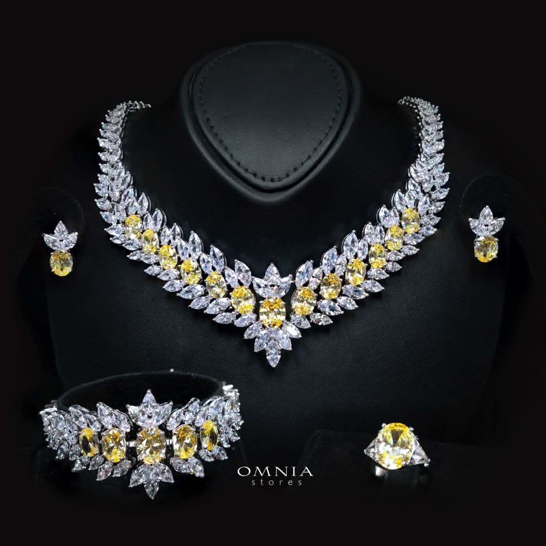 Omnia Buthaina Yellow Bridal Full Set in High Quality Simulated Diamonds Premium Rhodium Plated