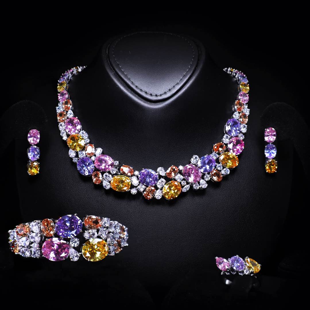 Omnia Artemis Baby Pink Multi-Colored Bridal Set with Round and Oval Cut High Quality Simulated Diamonds Premium Rhodium Plated - OMNIASTORES UAE