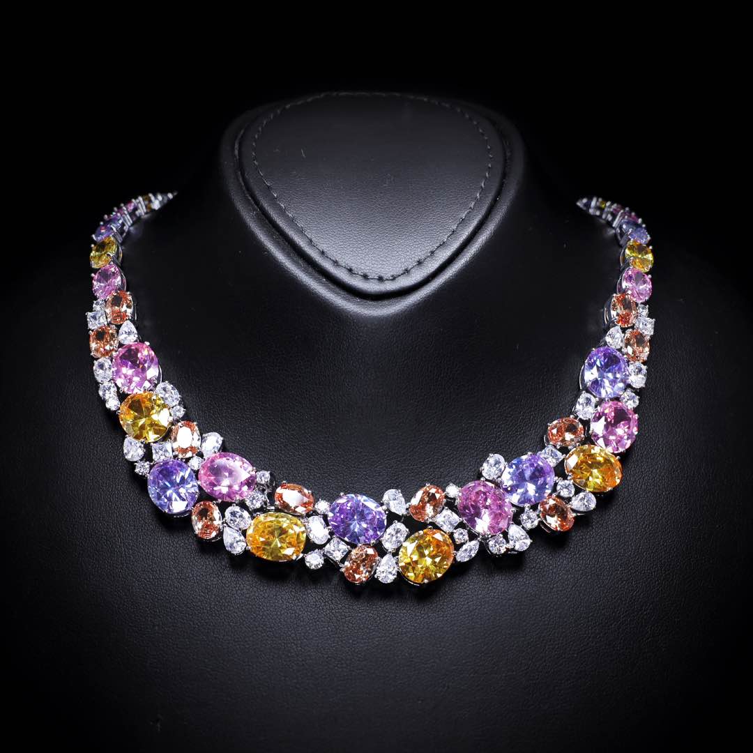 Omnia Artemis Baby Pink Multi-Colored Bridal Set with Round and Oval Cut High Quality Simulated Diamonds Premium Rhodium Plated