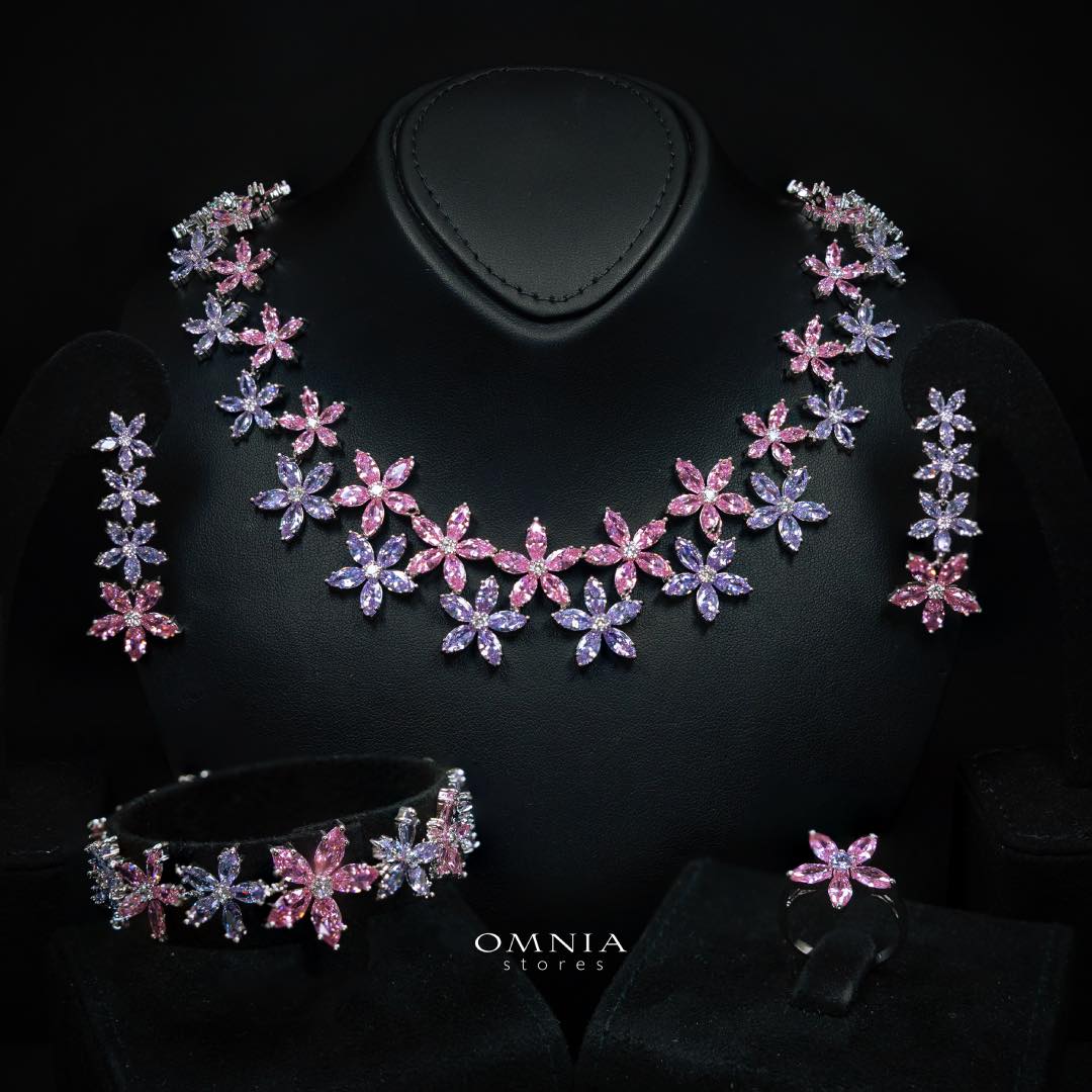 Omnia Yusra Pink and Purple Bridal Full Set in High Quality Simulated Diamonds Premium Rhodium Plated
