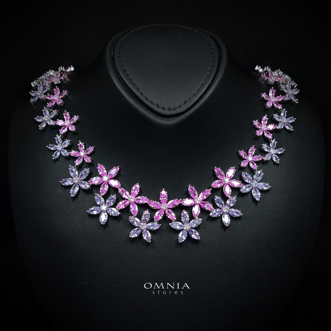 Omnia Yusra Pink and Purple Bridal Full Set in High Quality Simulated Diamonds Premium Rhodium Plated - OMNIASTORES UAE