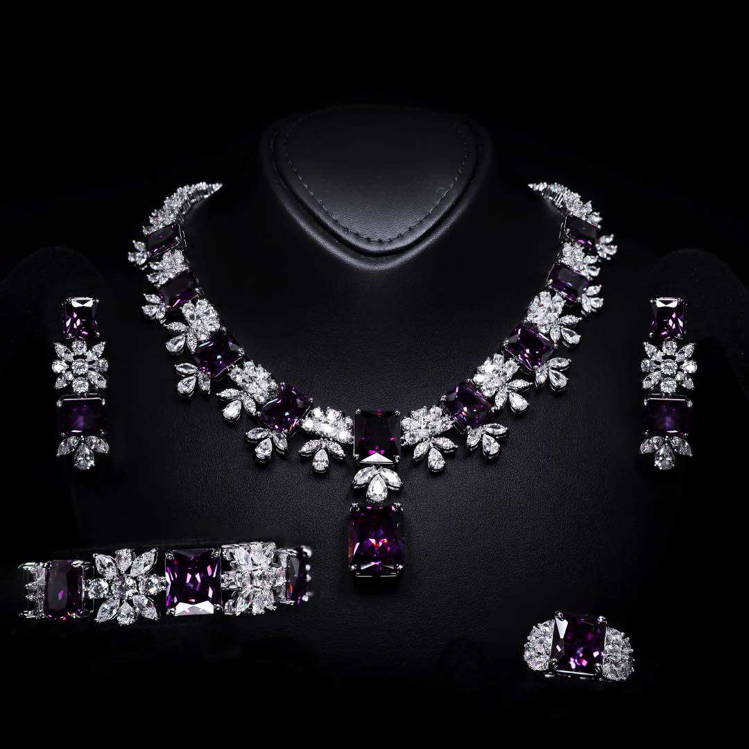Omnia Charlene Purple Bridal Full Set with Radiant and Pear-Cut High Quality Simulated Diamonds Premium Rhodium Plated