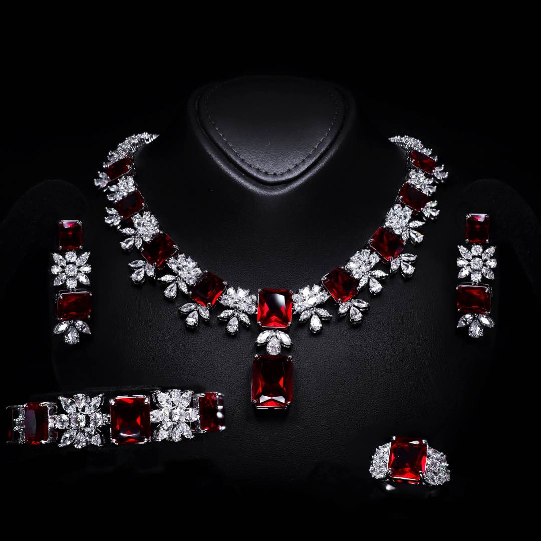 Omnia Charlene Red Bridal Full Set with Radiant and Pear-Cut High Quality Simulated Diamonds Premium Rhodium Plated