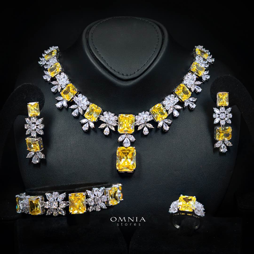 Omnia Charlene Yellow Bridal Full Set in High Quality Simulated Diamonds Premium Rhodium Plated with Emerald and Marquise Cut Stones