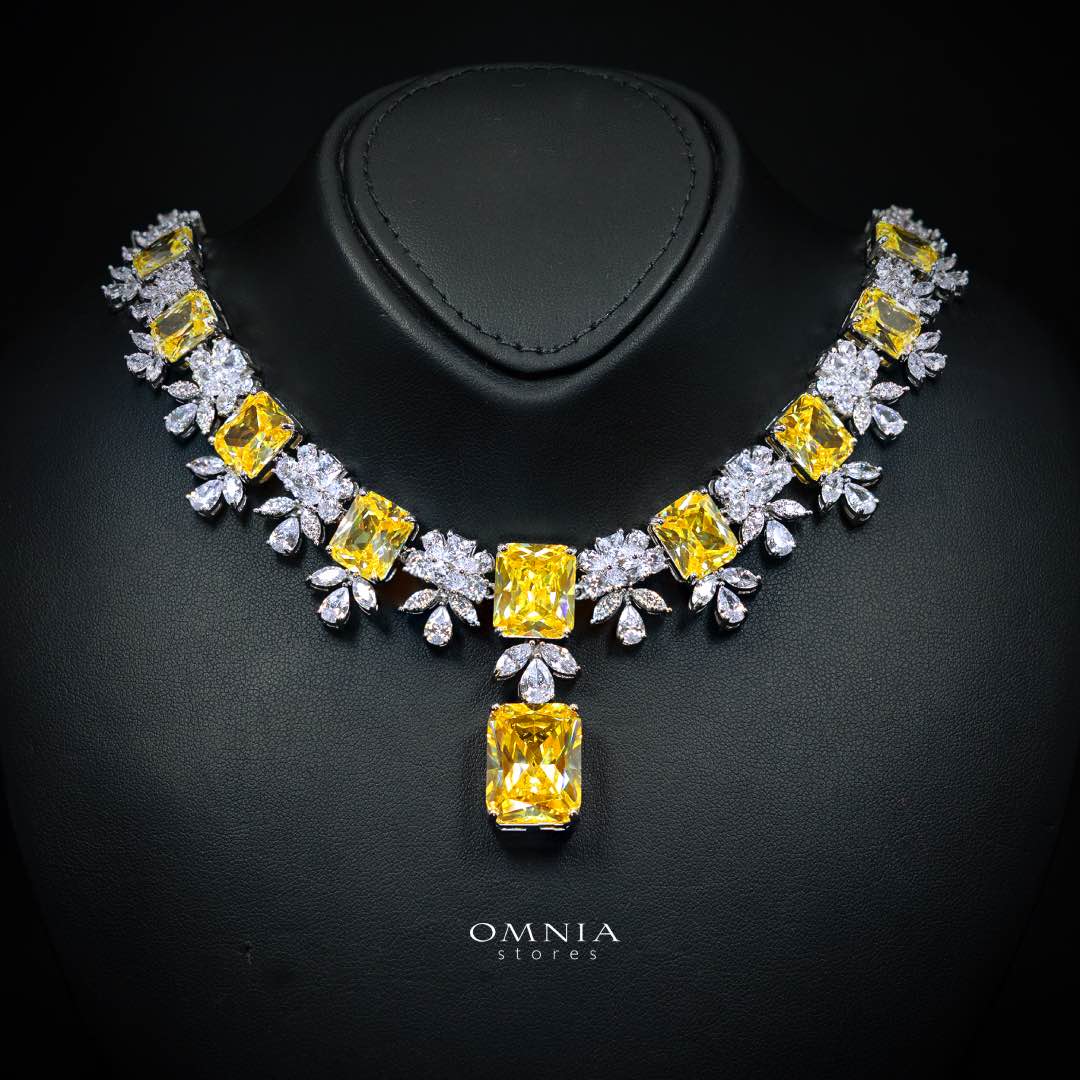 Omnia Charlene Yellow Bridal Full Set in High Quality Simulated Diamonds with Emerald and Marquise Cut Stones, Rhodium Plated