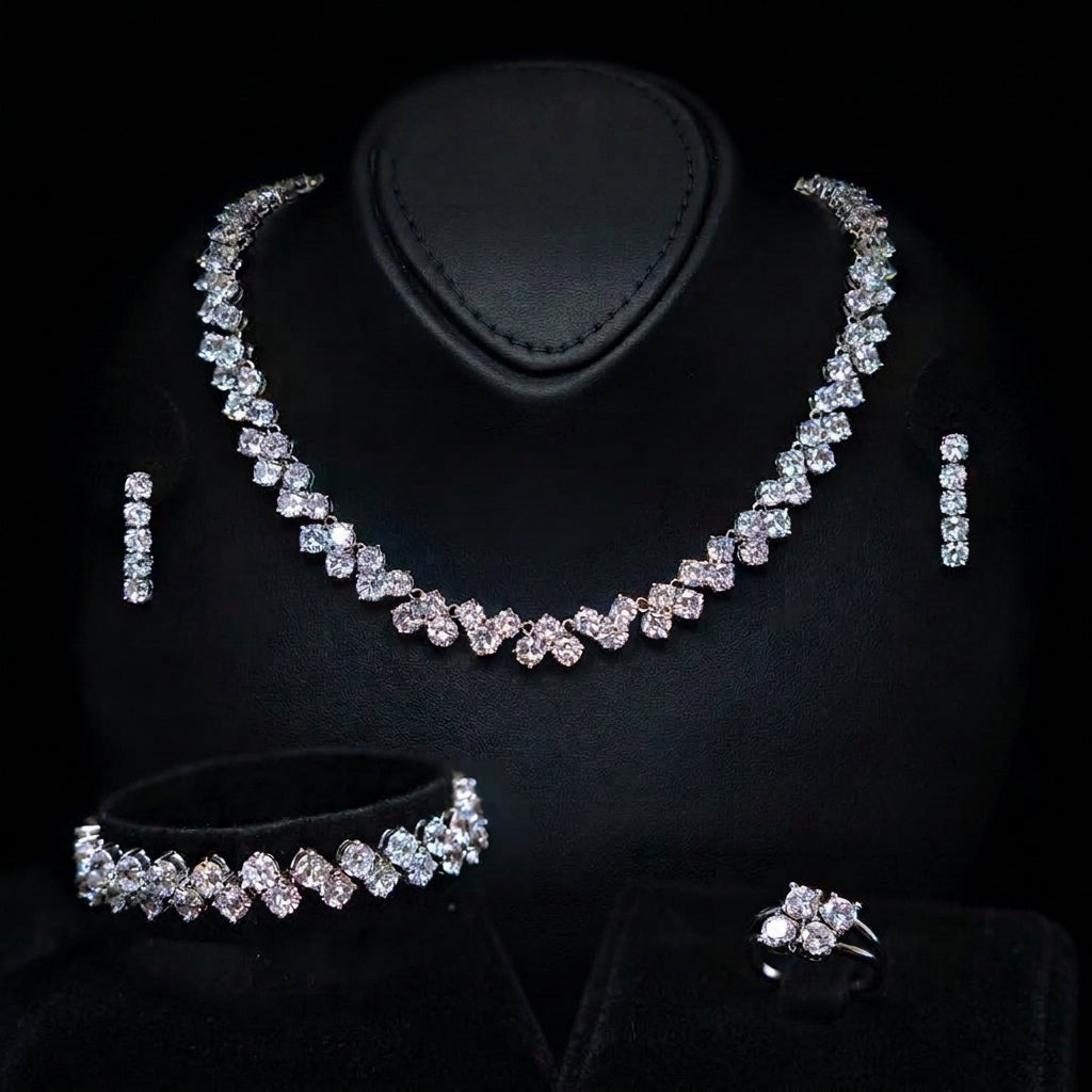 Omnia Hessa White Bridal Full Set in High Quality Simulated Diamonds Premium Rhodium Plated