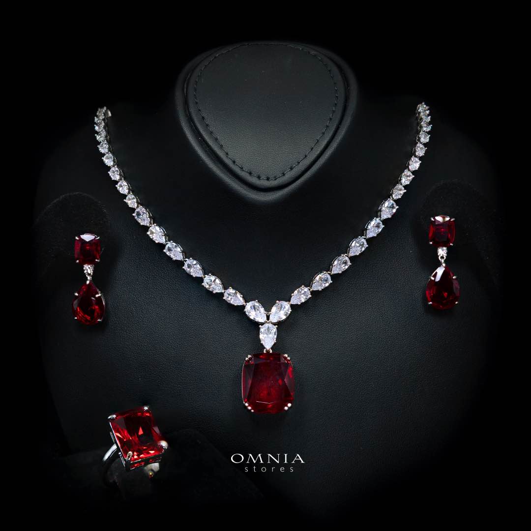 Omnia Audrey Red Bridal Full Set in High Quality Simulated Diamonds with Cushion Cut Stones, Rhodium Plated