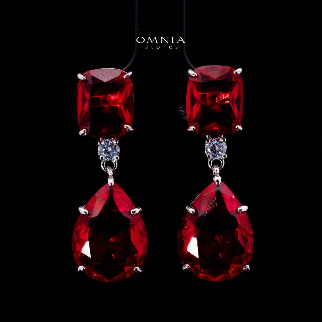 Omnia Audrey Red Bridal Full Set in High Quality Simulated Diamonds with Cushion Cut Stones, Rhodium Plated