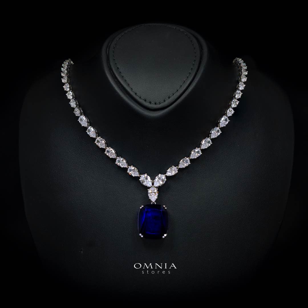 Omnia Audrey Blue Luxury Bridal Full Set in High Quality Simulated Diamonds Premium Rhodium Plated with Cushion Cut Stones