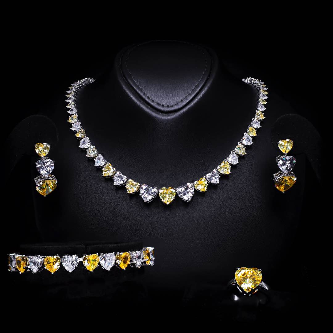 Omnia Donatella Yellow Luxury Bridal Full Set with Heart-Cut High Quality Simulated Diamonds Premium Rhodium Plated