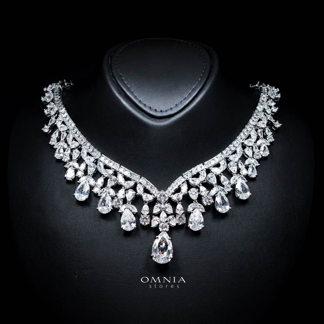 Omnia Princess White Luxury Bridal Full Set with Pear-Cut High Quality Simulated Diamonds Premium Rhodium Plated
