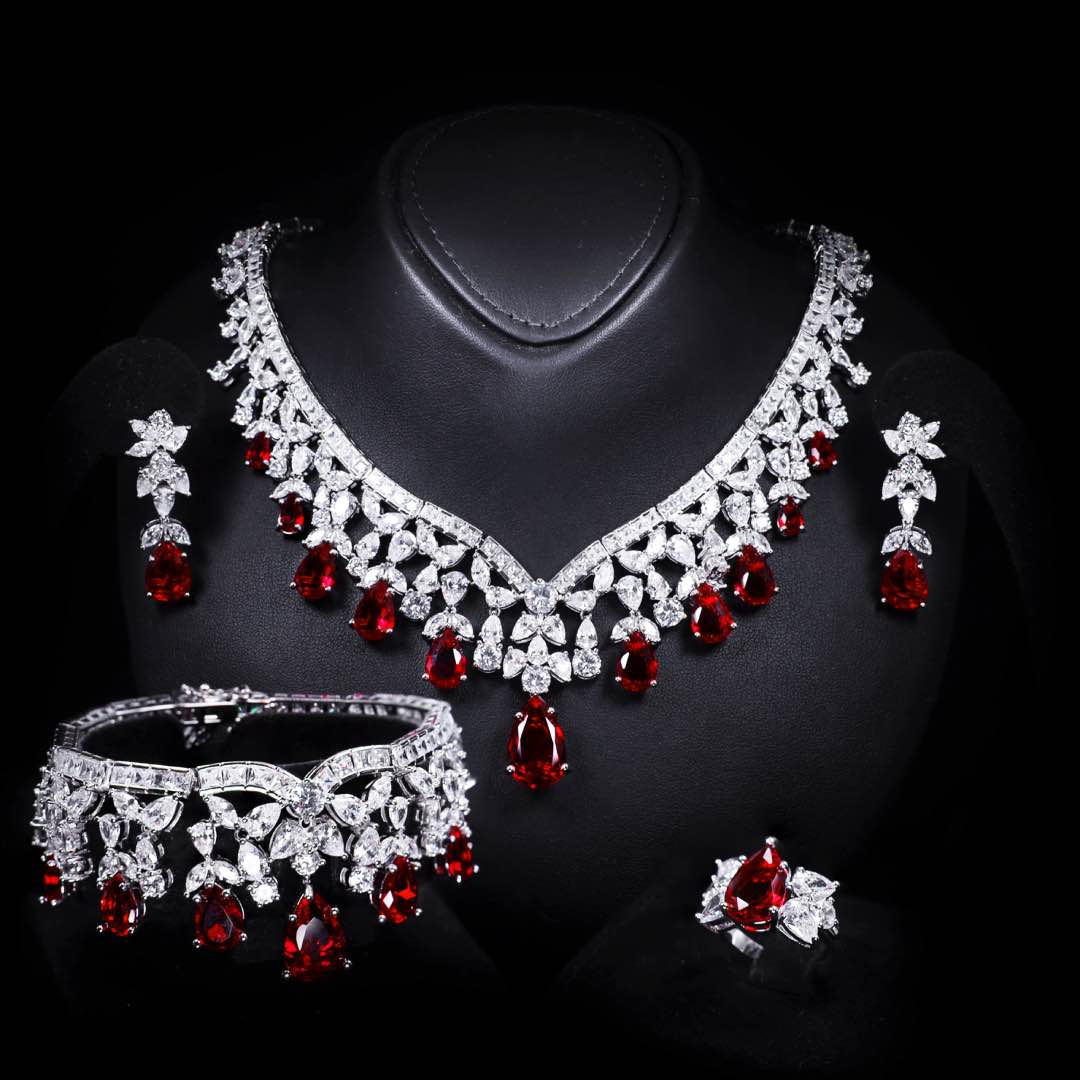 Omnia Princess Bridal Full Set with Pear-Cut White and Red High Quality Simulated Diamonds Premium Rhodium Plated