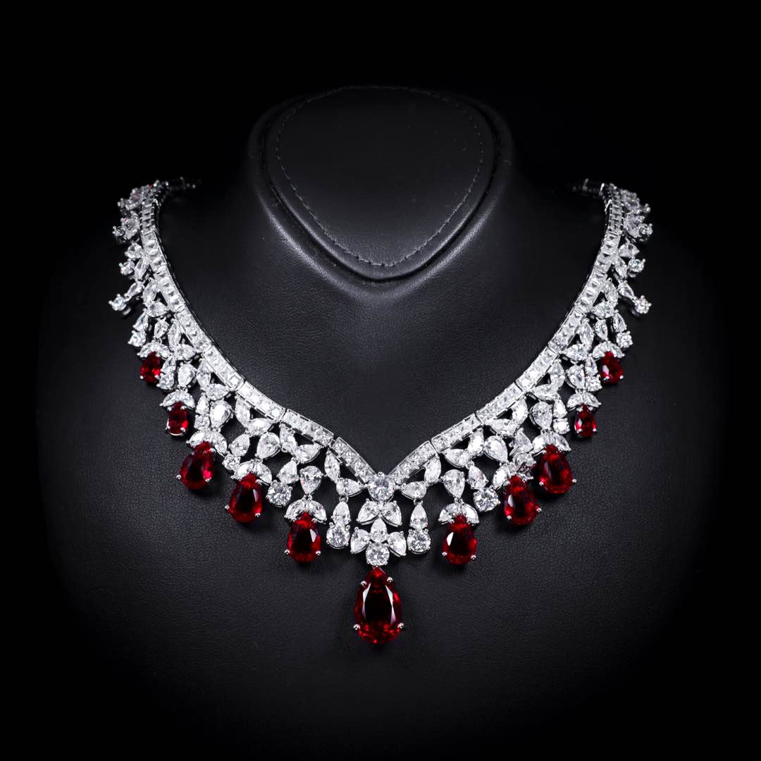 Omnia Princess Bridal Full Set with Pear-Cut White and Red High Quality Simulated Diamonds Premium Rhodium Plated - OMNIASTORES UAE