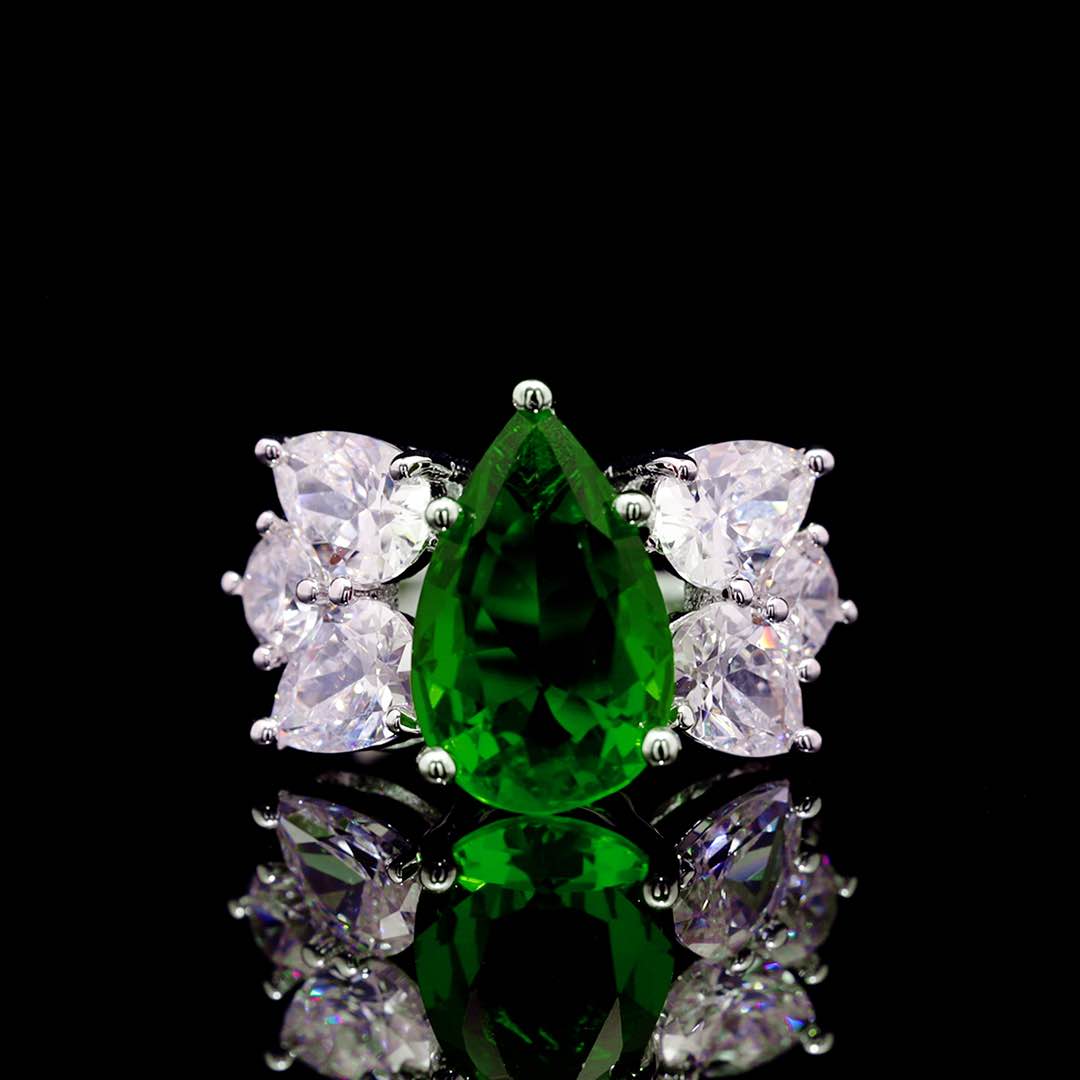 Omnia Princess Bridal Full Set with Pear-Cut White And Green High Quality Simulated Diamonds Premium Rhodium Plated