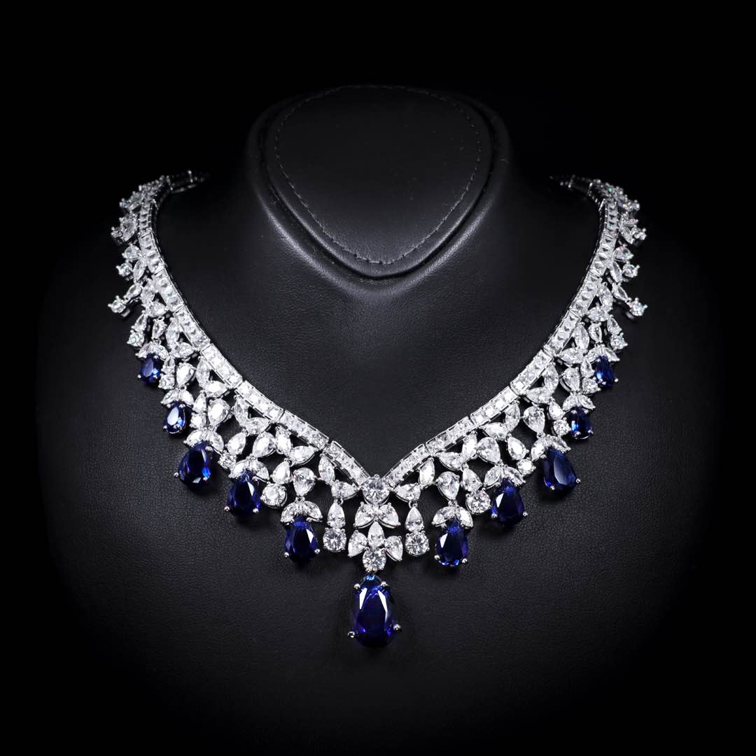 Omnia Princess Dark Blue Bridal Full Set in High Quality Simulated Diamonds Premium Rhodium Plated