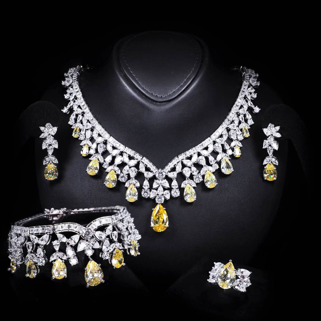 Omnia Princess Bridal Full Set with Pear-Cut White and Yellow High Quality Simulated Diamonds Premium Rhodium Plated - OMNIASTORES UAE