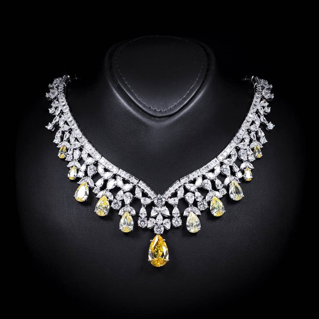Omnia Princess Bridal Full Set with Pear-Cut White and Yellow High Quality Simulated Diamonds Premium Rhodium Plated