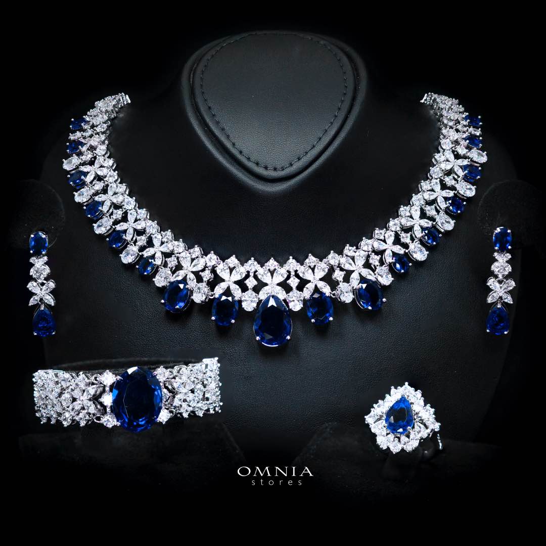 Omnia Suhana Dark Blue Bridal Full Set in High Quality Simulated Diamonds Premium Rhodium Plated