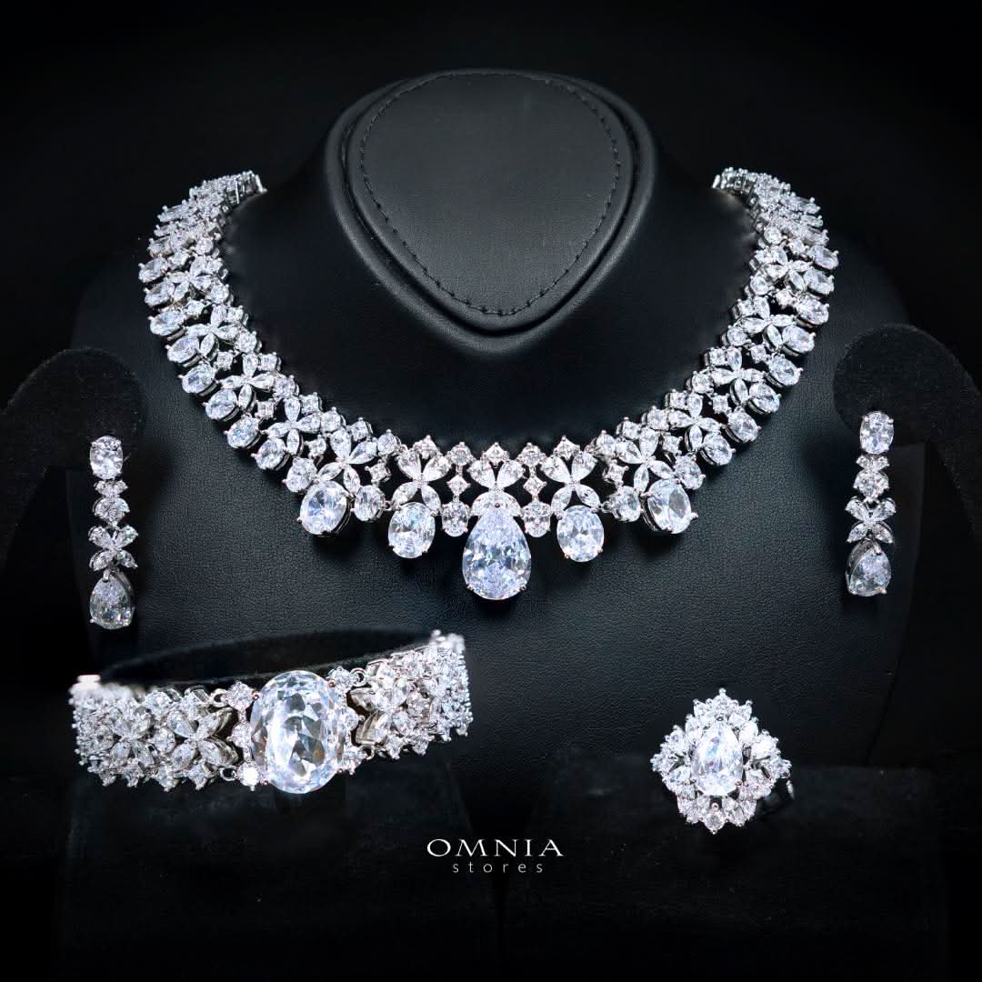 Omnia Suhana White Bridal Full Set in High Quality Simulated Diamonds Premium Rhodium Plated