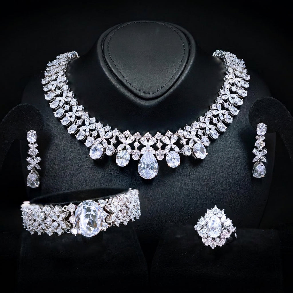 Omnia Suhana White Bridal Full Set in High Quality Simulated Diamonds Premium Rhodium Plated - OMNIASTORES UAE