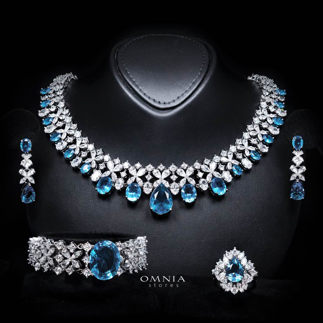 Omnia Suhana Sky Blue Bridal Full Set Designed with Pear-Cut and Round High Quality Simulated Diamonds Premium Rhodium Plated
