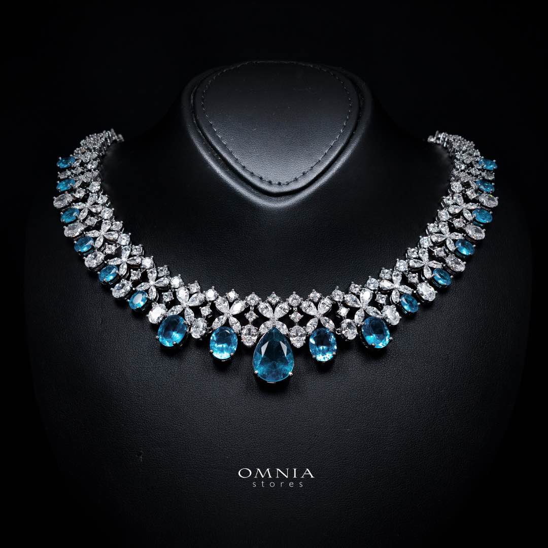 Omnia Suhana Sky Blue Bridal Full Set Designed with Pear-Cut and Round High Quality Simulated Diamonds Premium Rhodium Plated